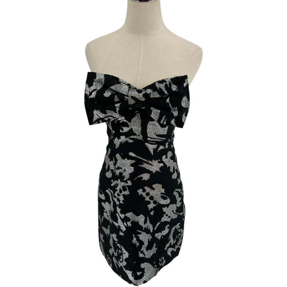 Milly Dress Women Size 8 Strapless Cocktail Metallic Silver Black Floral Bow